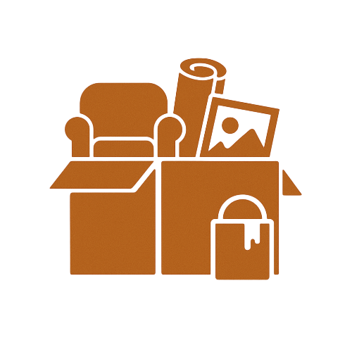 Brown icon showing a pile of household items including a chair, boxes, framed picture, and rolled-up rug