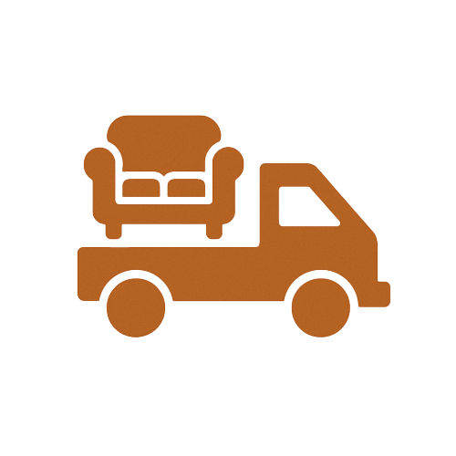 Brown icon of a junk removal truck carrying a large armchair or couch